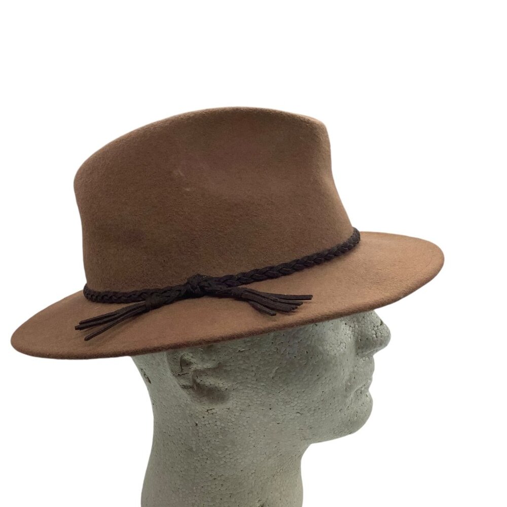 Riviera Trading Brown Wool Fedora Hat‎ Faux Leather Braided Band Trim Adult